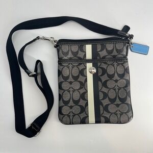 Coach Heritage Black Signature Stripe Chelsea Canvas Leather Crossbody‎ Bag